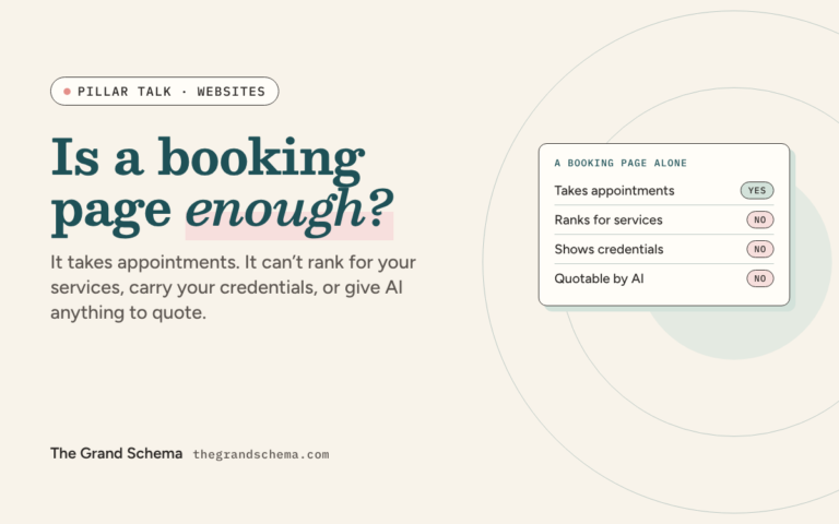 Is a booking page enough? It takes appointments but can't rank for services, show credentials, or be quoted by AI.