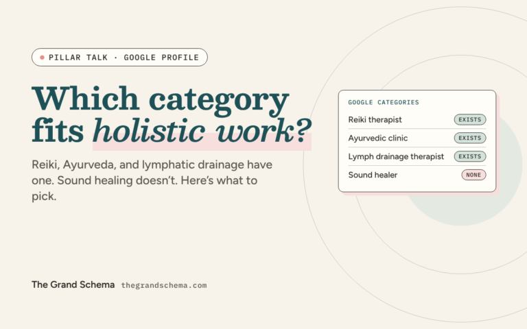 Which Google category fits holistic work? Reiki therapist, Ayurvedic clinic and lymph drainage therapist exist; sound healer does not.